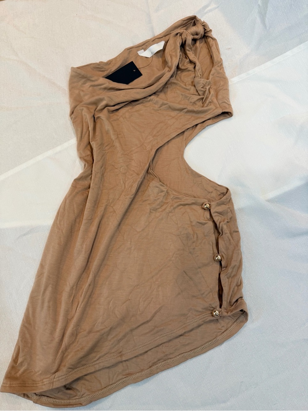 Hot Miami Styles One-Shoulder Tan Side-Button Dress